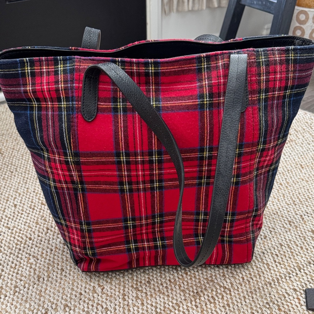 J Jill Red flannel Plaid Tote with Black Straps